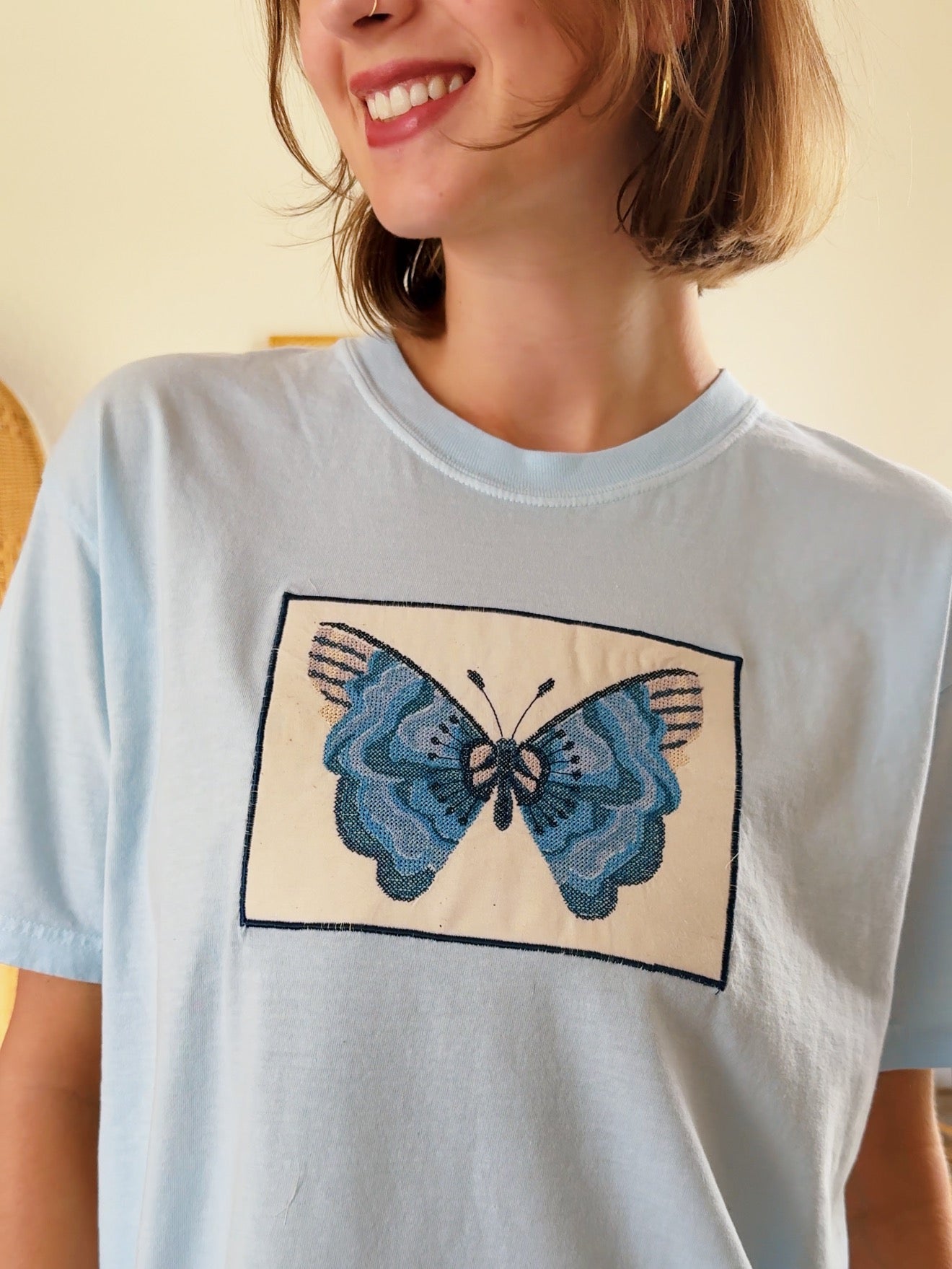 Blue Butterfly Cross Stitch Tee (L)