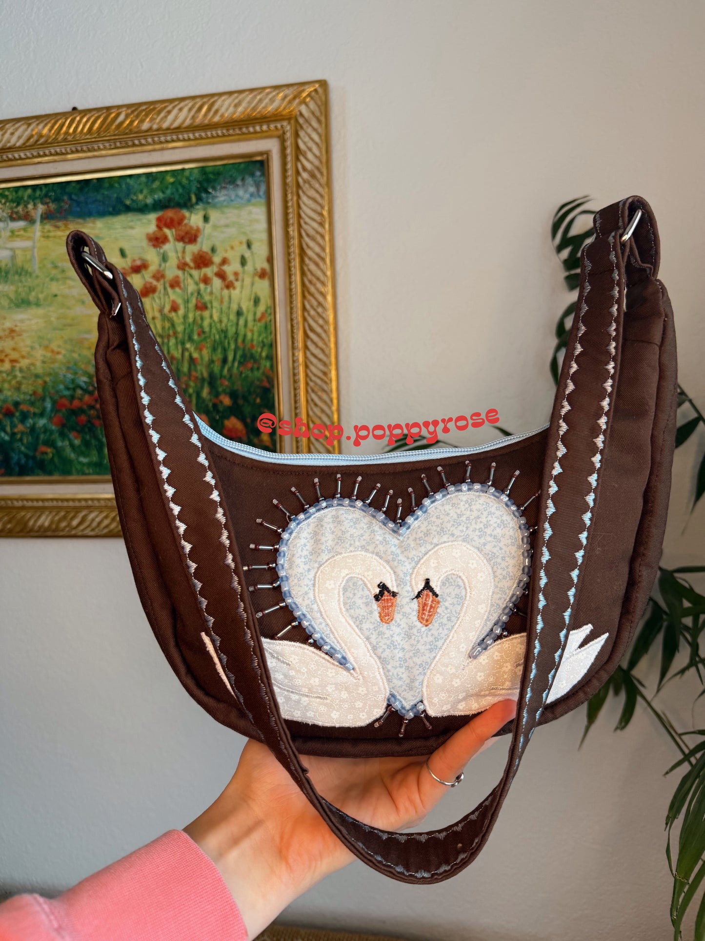 Brown and Blue Swan Purse